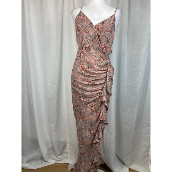 Floret Studios Paisley Ruched Slip Dress Boho Glam Elegant Maxi Gown M - Picture 1 of 6